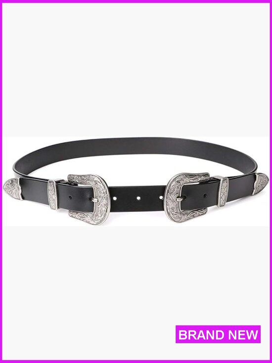 Vintage Double Buckle Western Belt with Flower Engraving Adjustable 24-41 Waist
